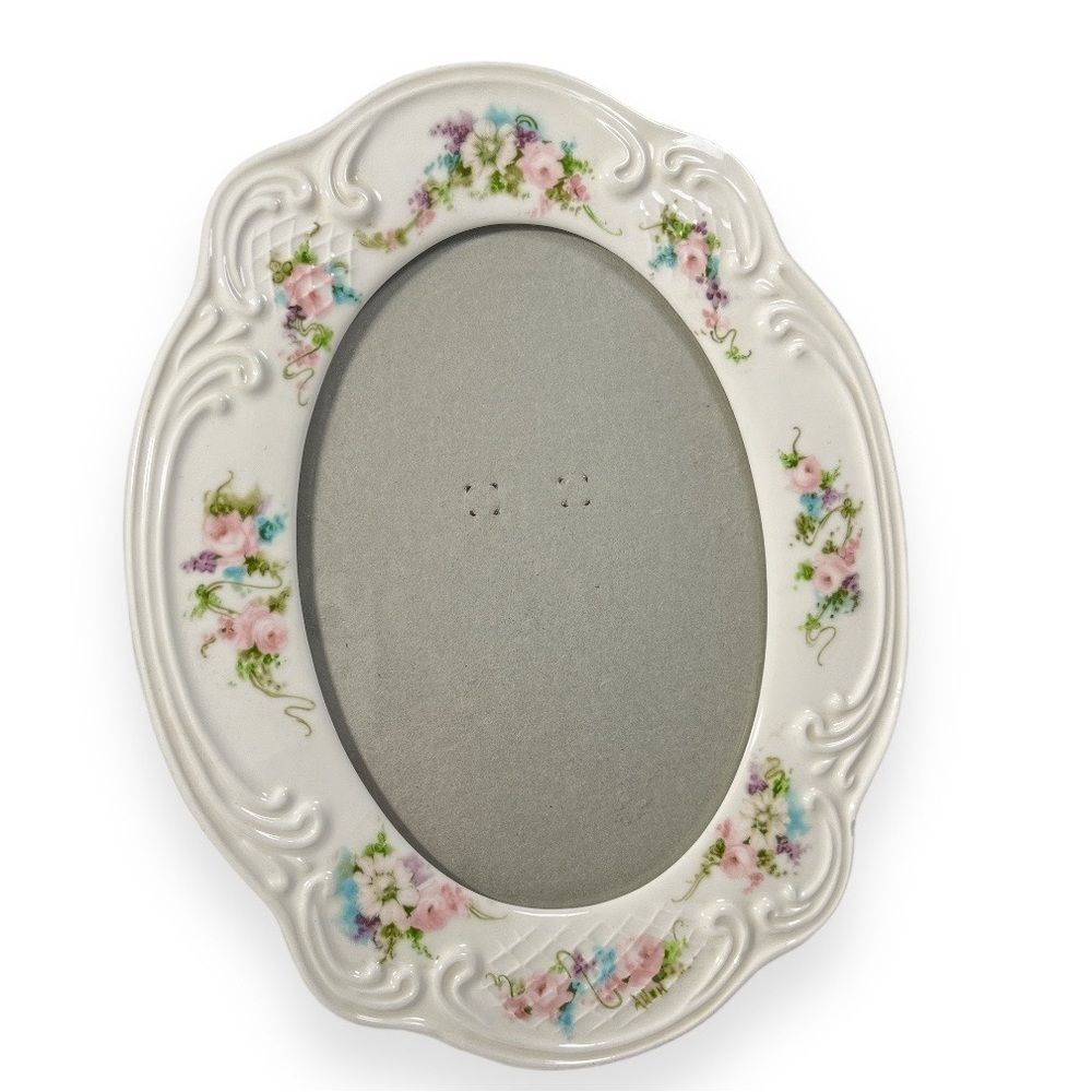 Victorian Ceramic Oval 5x7 Desk Picture Frame Shabby Chic Floral‎ Embossed